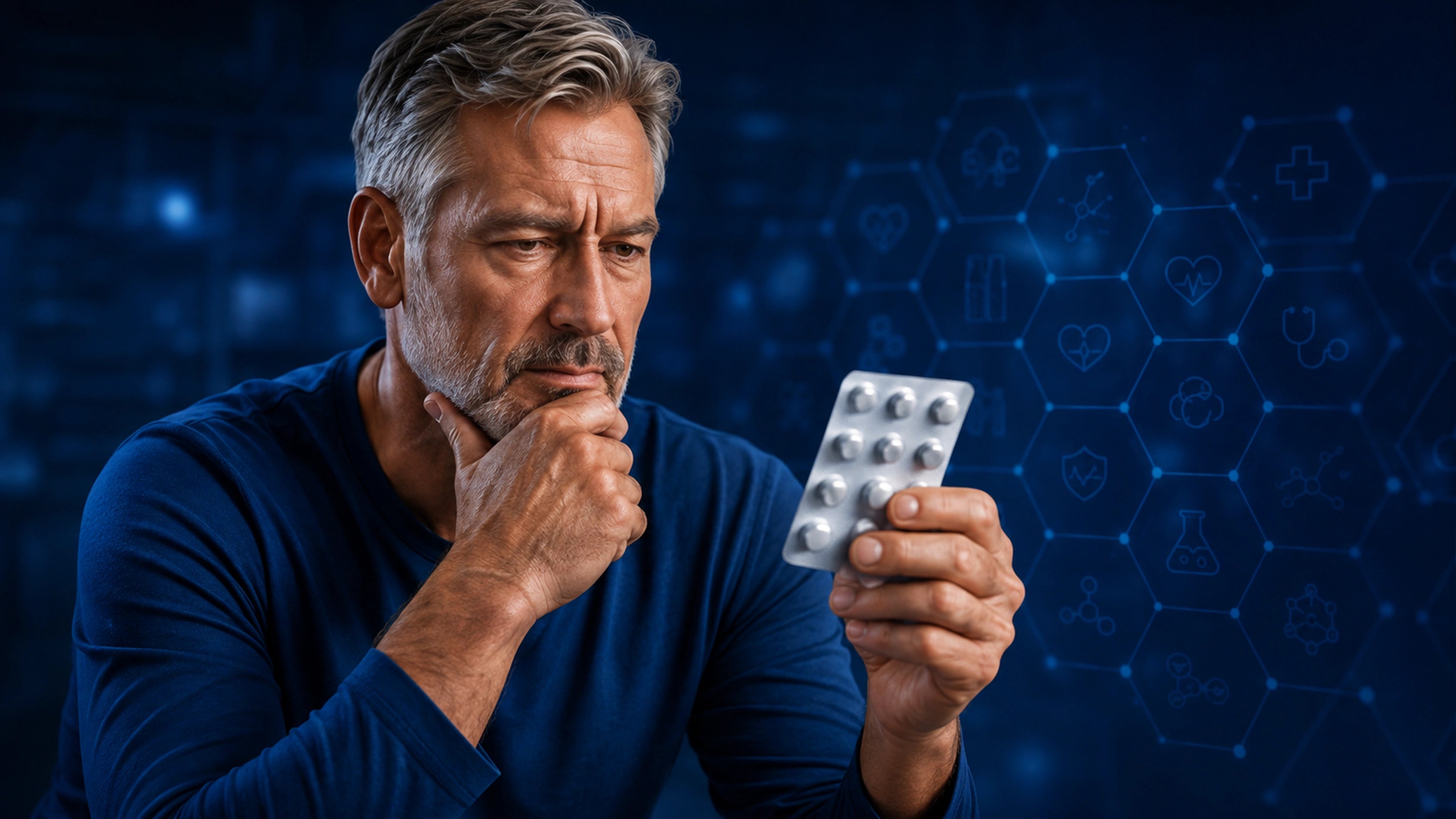 Uomo che valuta farmaci antidolorifici